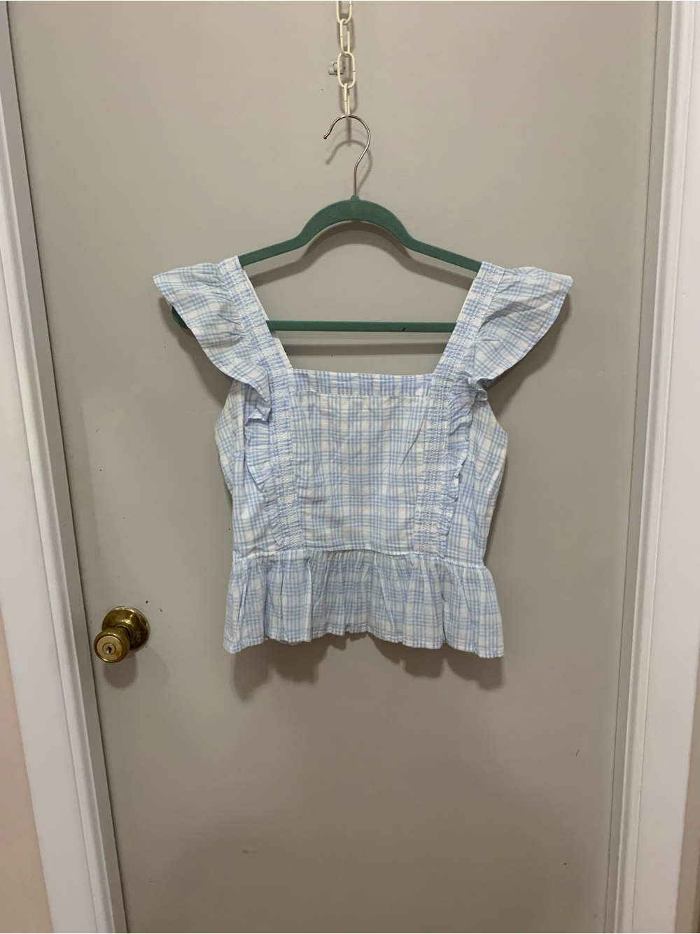 Light Blue and White Plaid Ruffle-Sleeve Crop Top